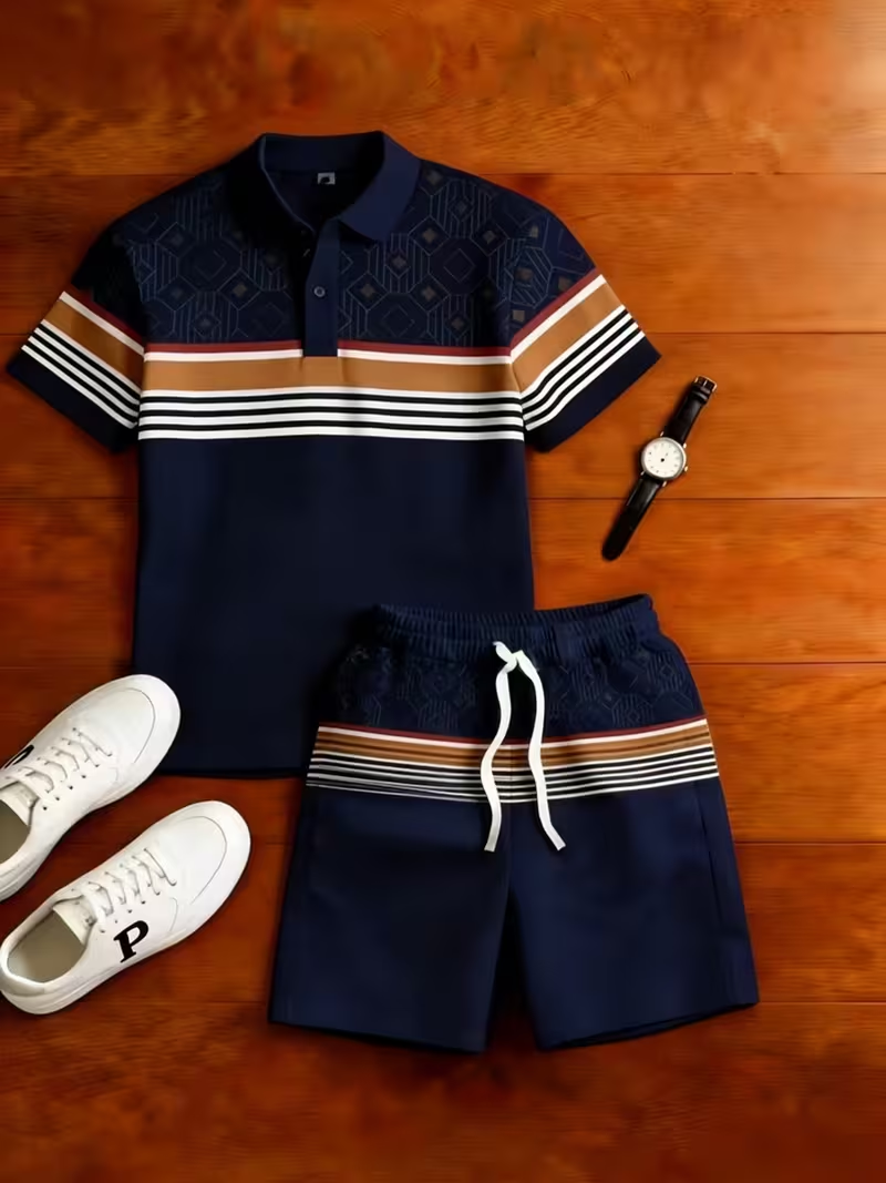 para hombre casual Geometry estampado camisa polo And pantalón conjunto de dos piezas