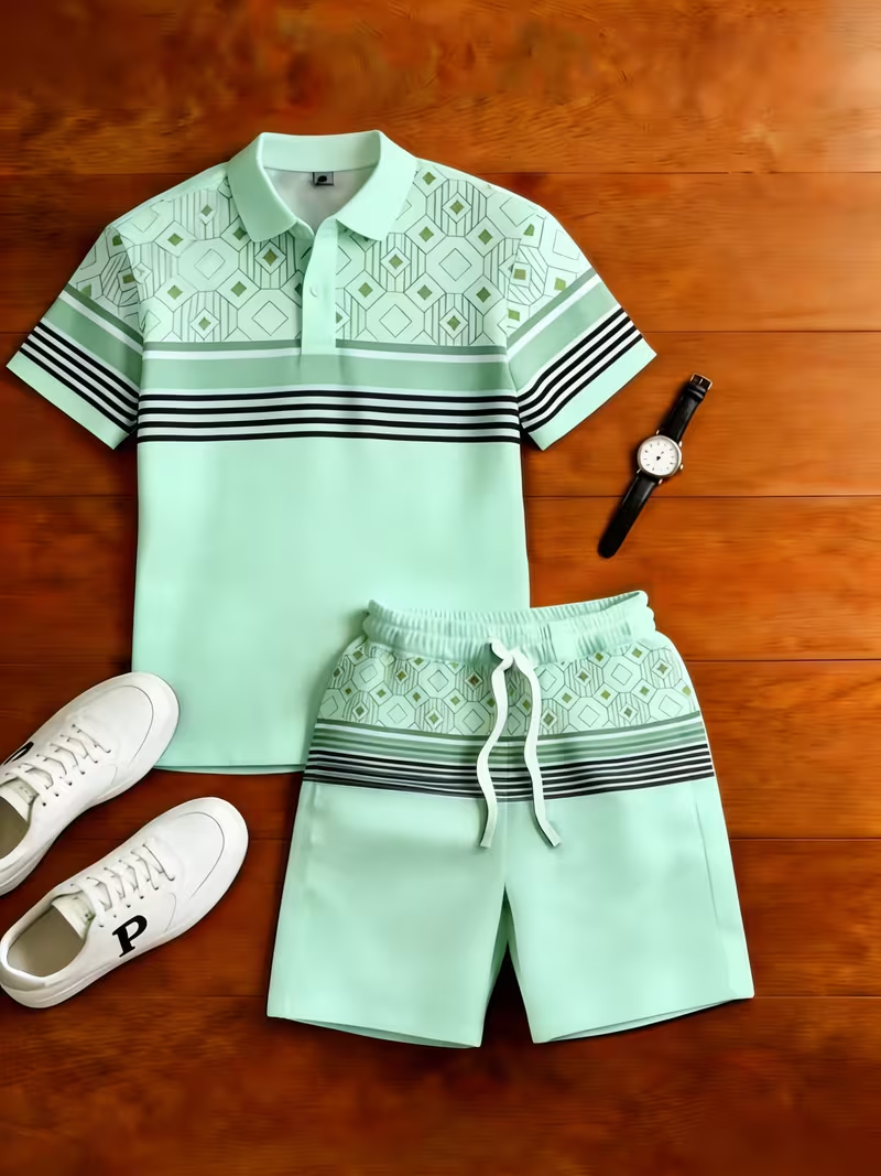 para hombre casual Geometry estampado camisa polo And pantalón conjunto de dos piezas