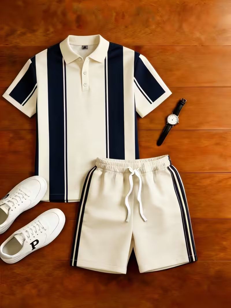 para hombre casual Plaid estampado camisa polo And pantalón conjunto de dos piezas