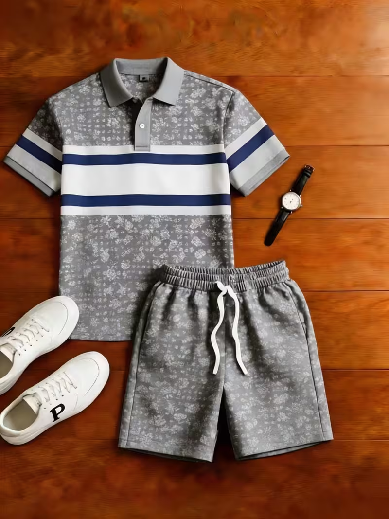 para hombre casual Plaid estampado camisa polo And pantalón conjunto de dos piezas