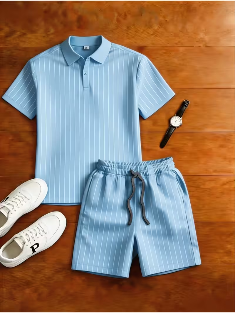 para hombre casual Plaid estampado camisa polo And pantalón conjunto de dos piezas