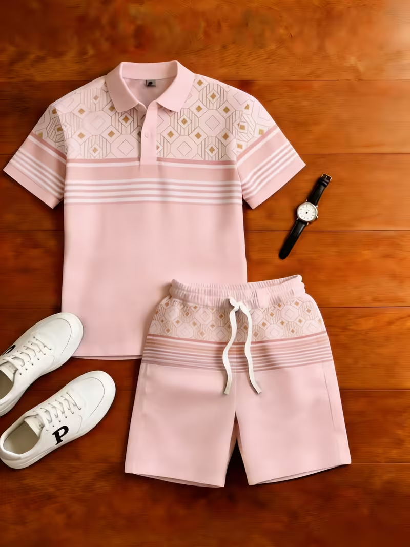 para hombre casual Geometry estampado camisa polo And pantalón conjunto de dos piezas