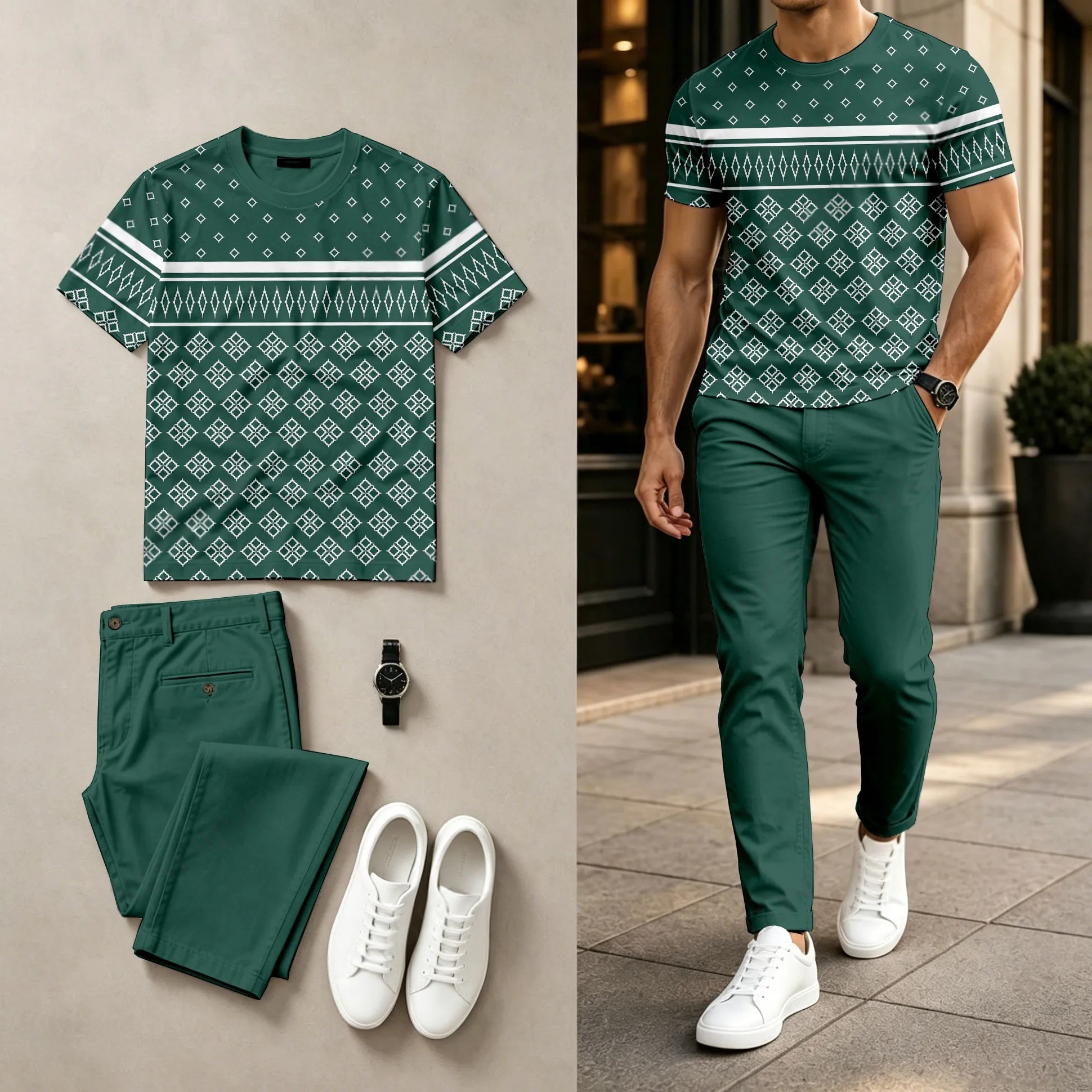 Conjunto de dos piezas casual Green-Based Diamond-Patterned Round-Neck de manga corta Top And pantalón para hombre