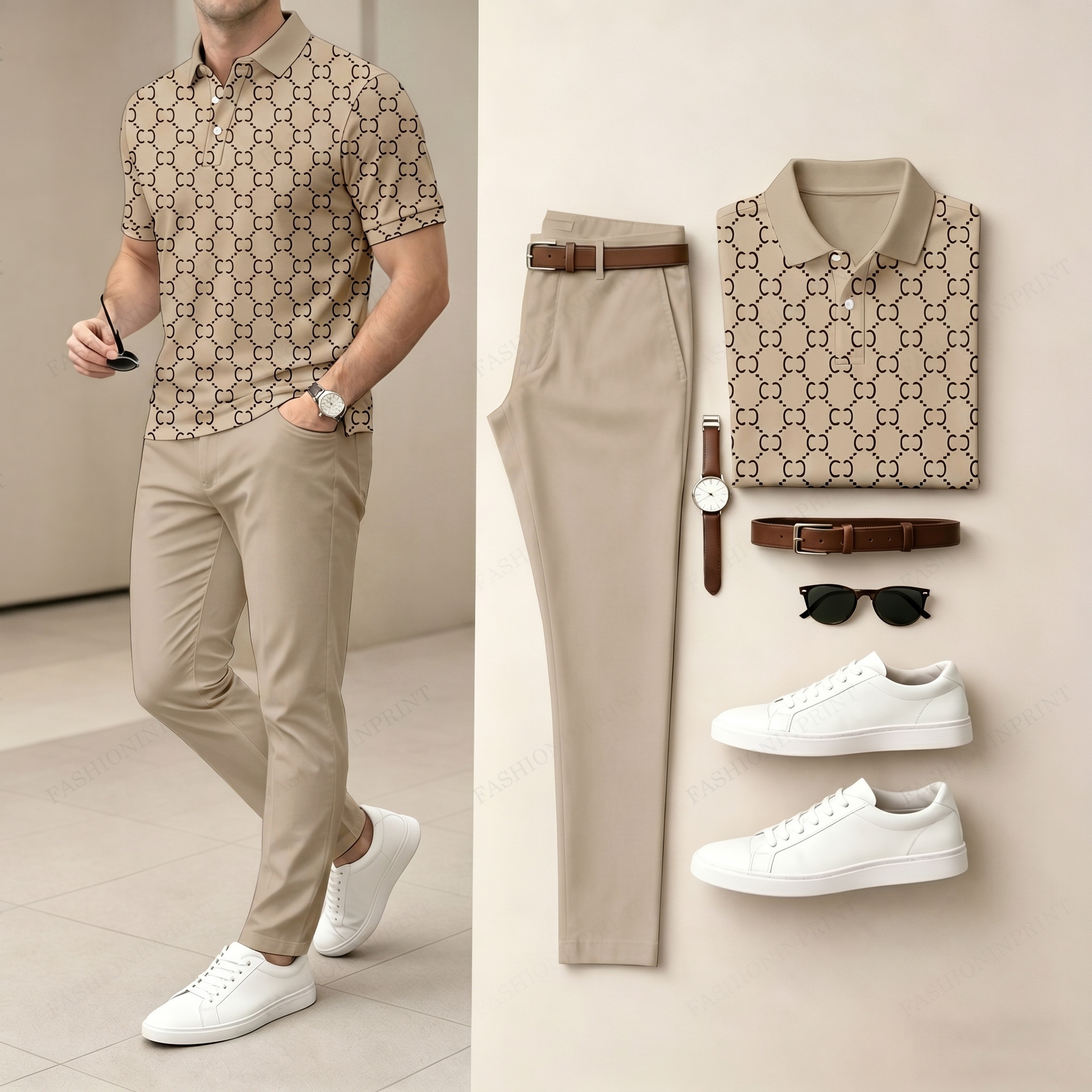Conjunto de dos piezas casual Brown a cuadros estampado camisa polo And pantalón para hombre