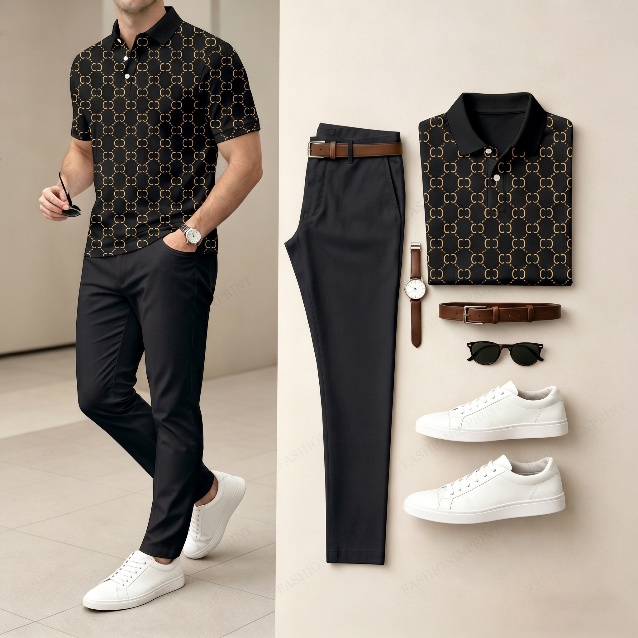 Conjunto de dos piezas casual Brown a cuadros estampado camisa polo And pantalón para hombre