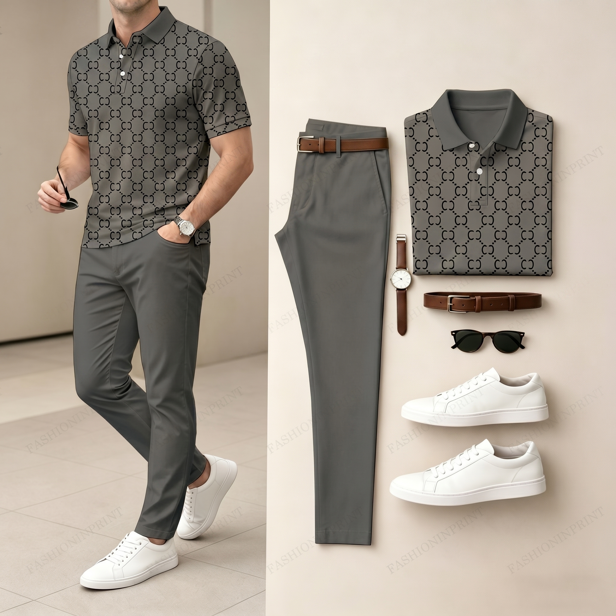 Conjunto de dos piezas casual Brown a cuadros estampado camisa polo And pantalón para hombre