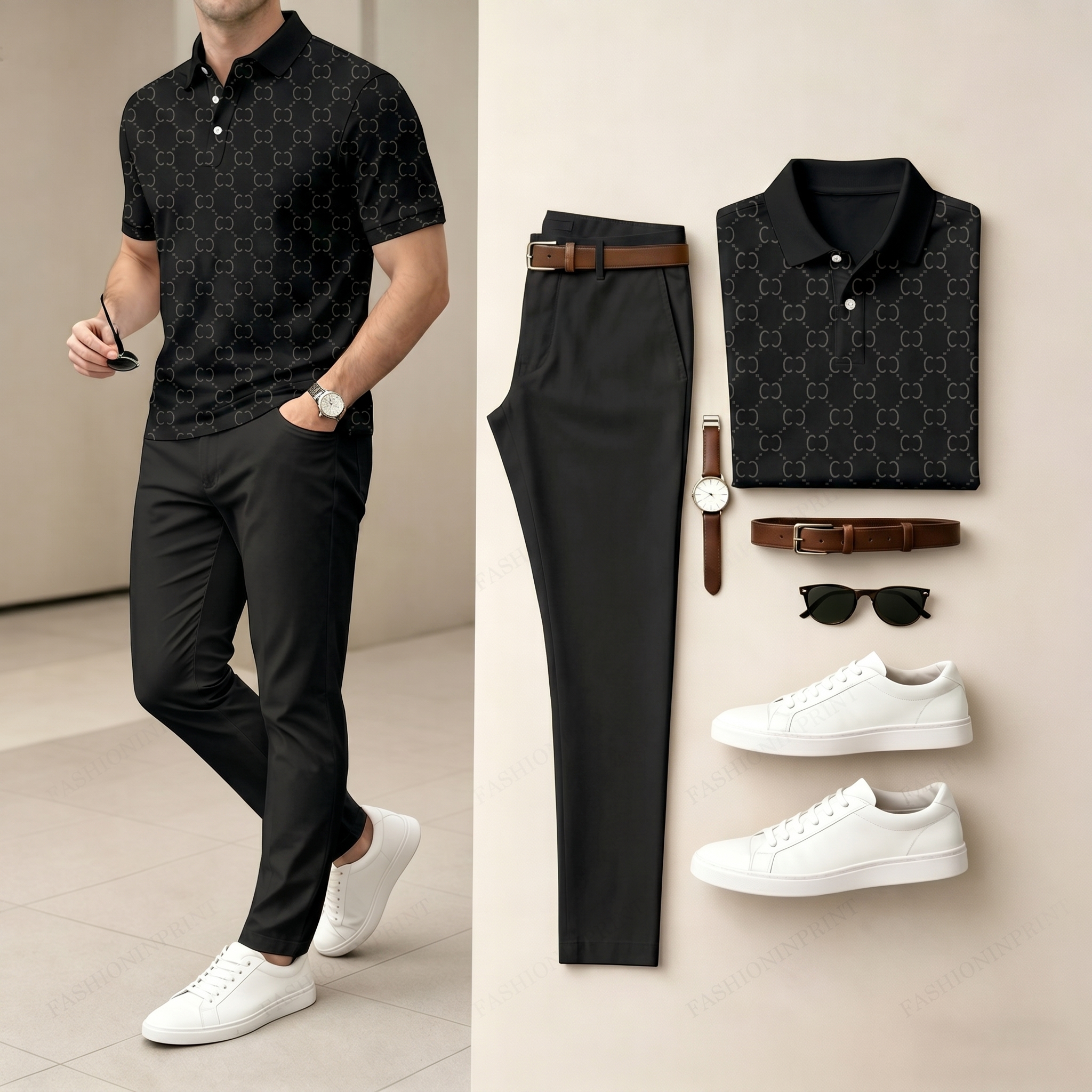 Conjunto de dos piezas casual Brown a cuadros estampado camisa polo And pantalón para hombre
