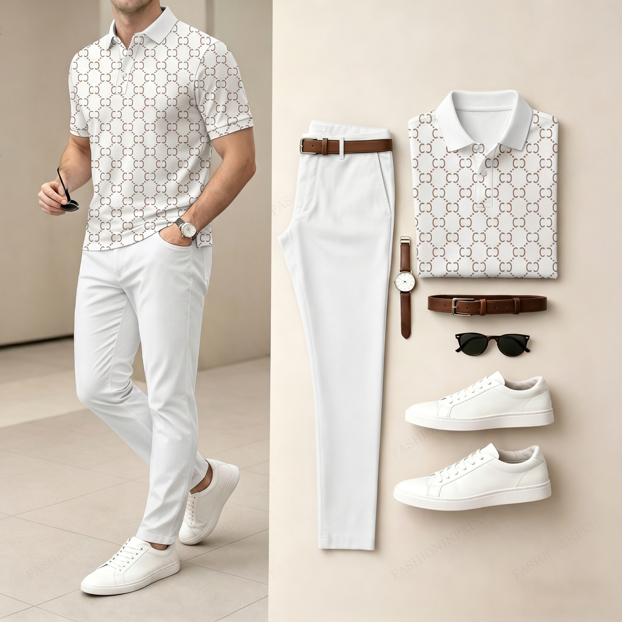 Conjunto de dos piezas casual Brown a cuadros estampado camisa polo And pantalón para hombre