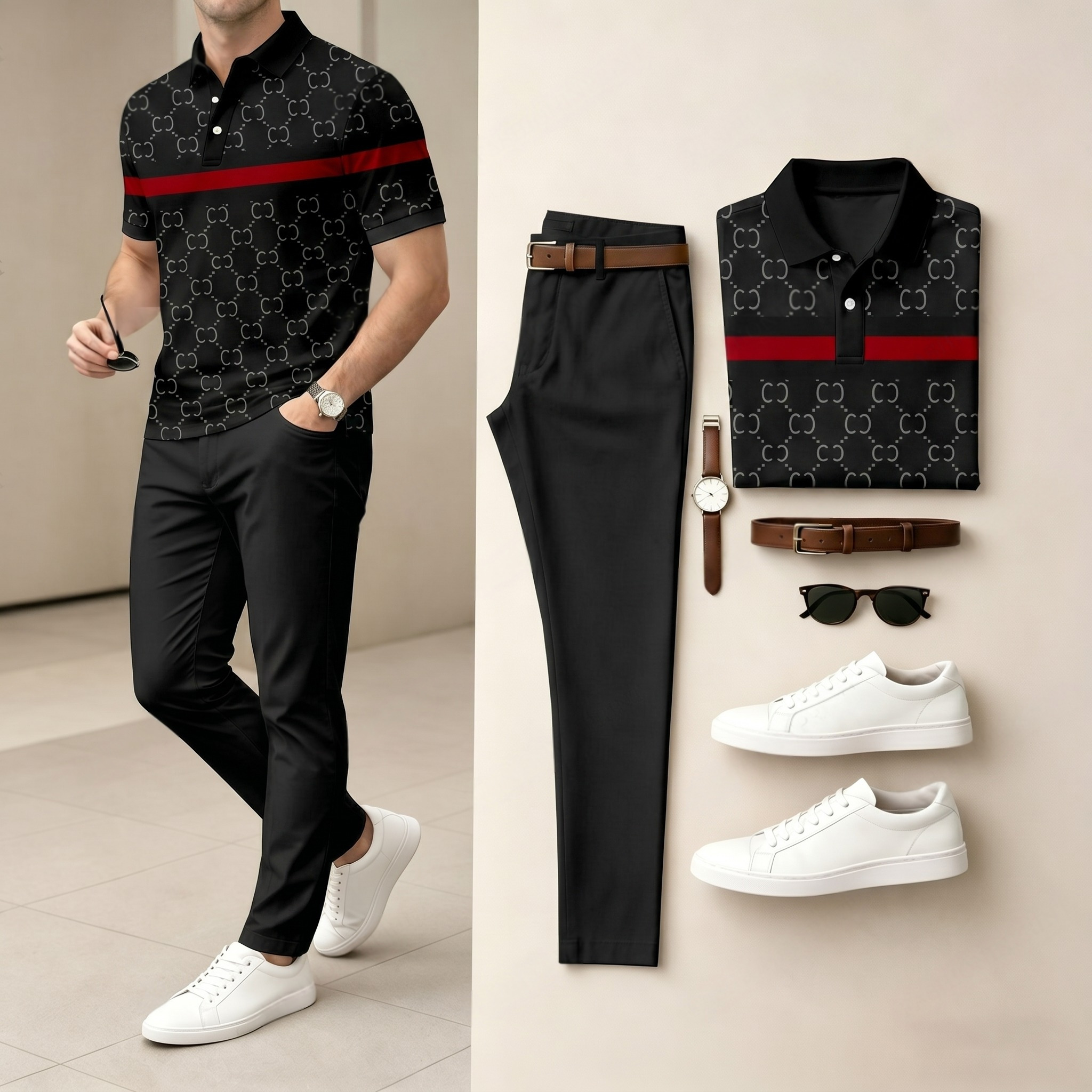 Conjunto de dos piezas casual Grey a cuadros estampado camisa polo And pantalón para hombre