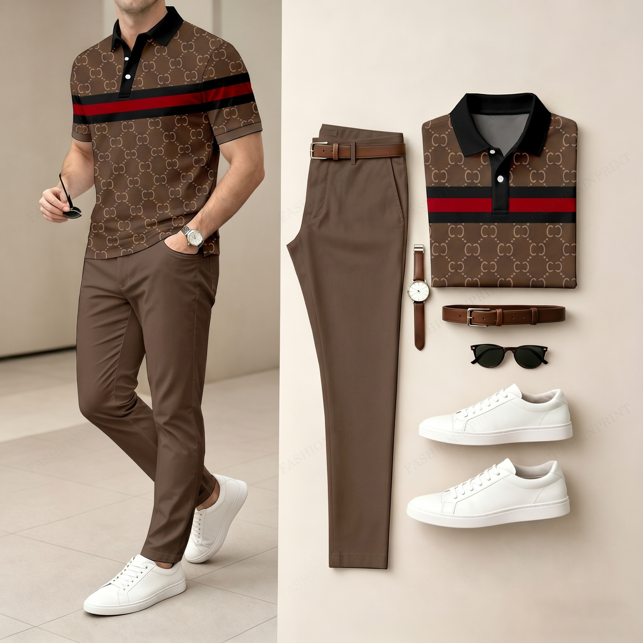 Conjunto de dos piezas casual Grey a cuadros estampado camisa polo And pantalón para hombre