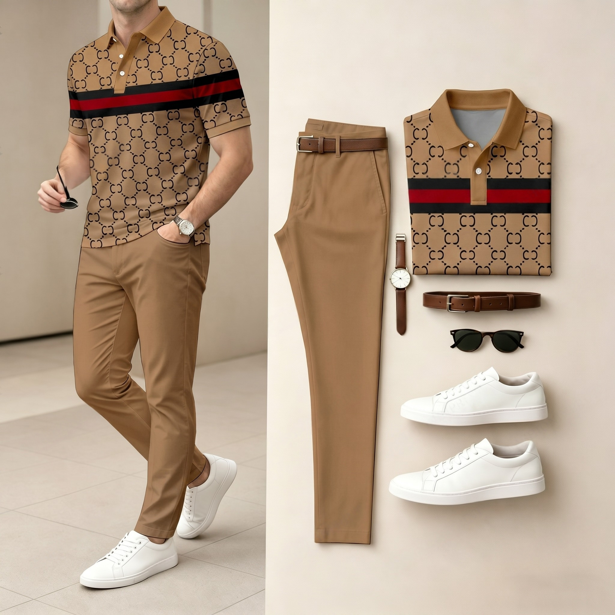 Conjunto de dos piezas casual Grey a cuadros estampado camisa polo And pantalón para hombre