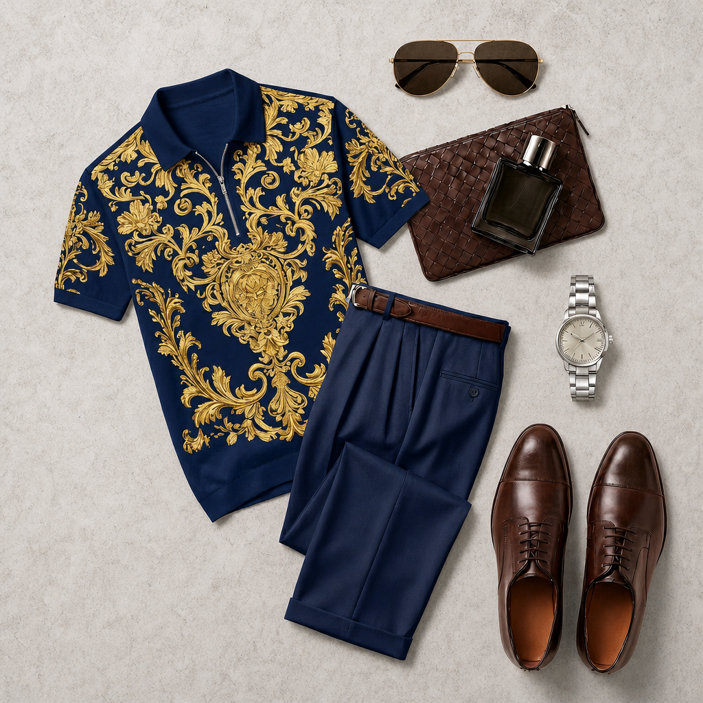 Pantalón casual With Color Deep Blue estampado Polo Collar Zipper de manga corta And Set para hombre