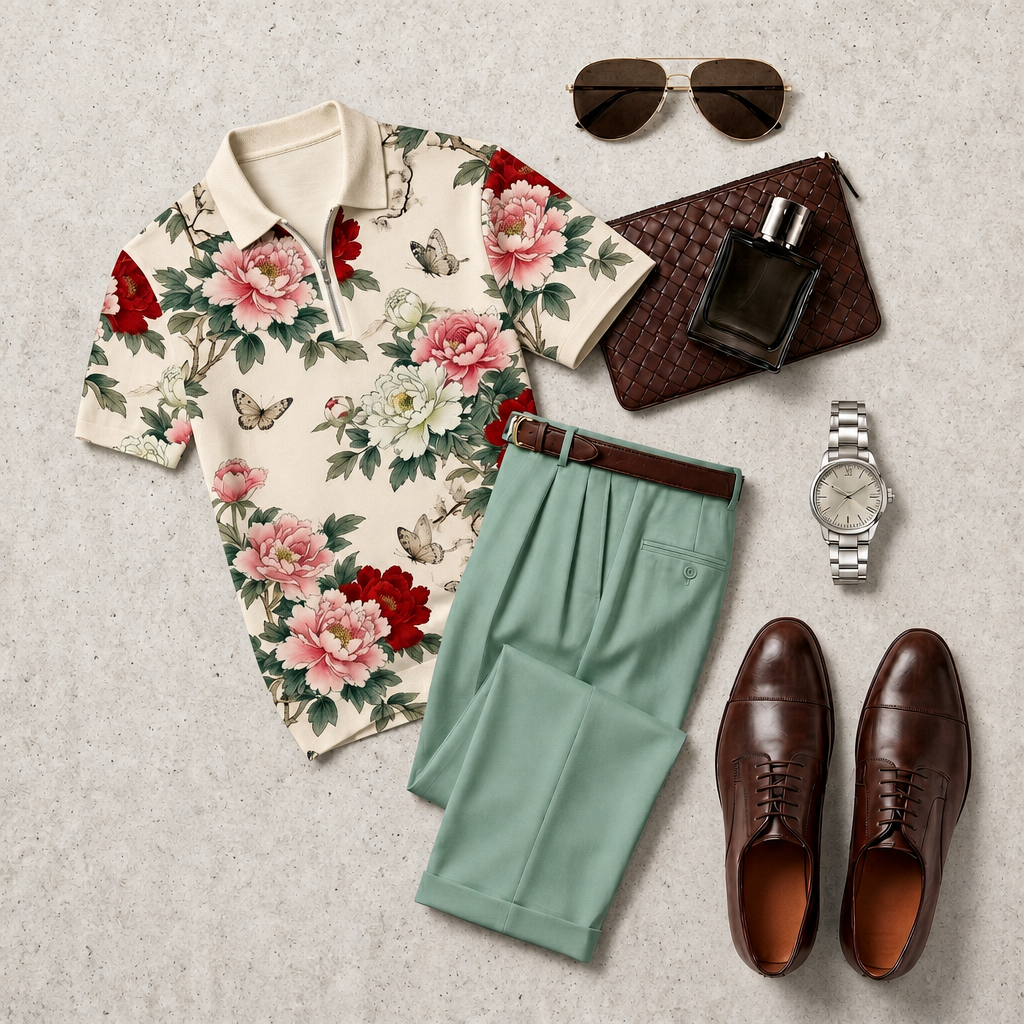 Pantalón casual With Color floral estampado Polo Collar Zipper de manga corta And Set para hombre