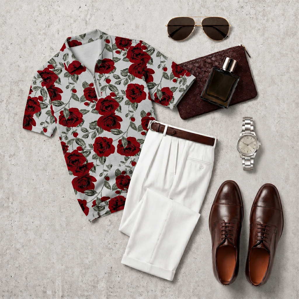 Pantalón casual With Red Roses estampado Polo Collar Zipper de manga corta And Set para hombre