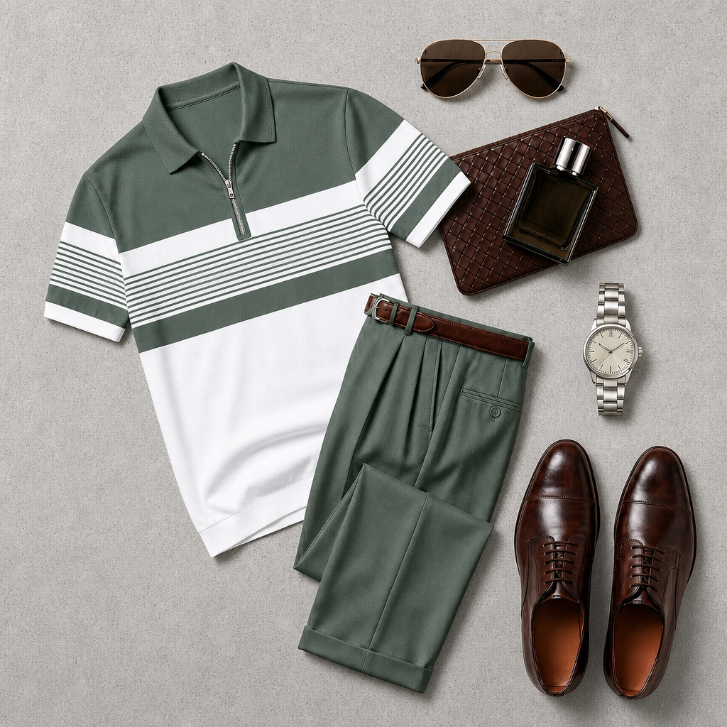 Pantalón casual With Green and White estampado Polo Collar Zipper de manga corta and Set para hombre