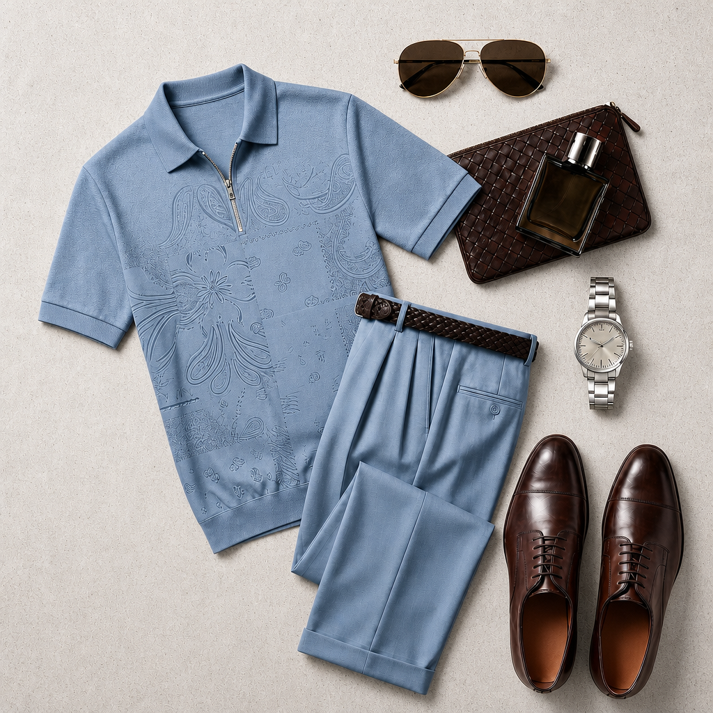 Pantalón casual With Gray Blue estampado Polo Collar Zipper de manga corta and Set para hombre