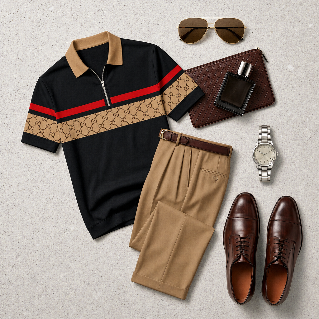 Pantalón casual With Black & Brown estampado Polo Collar Zipper de manga corta and Set para hombre
