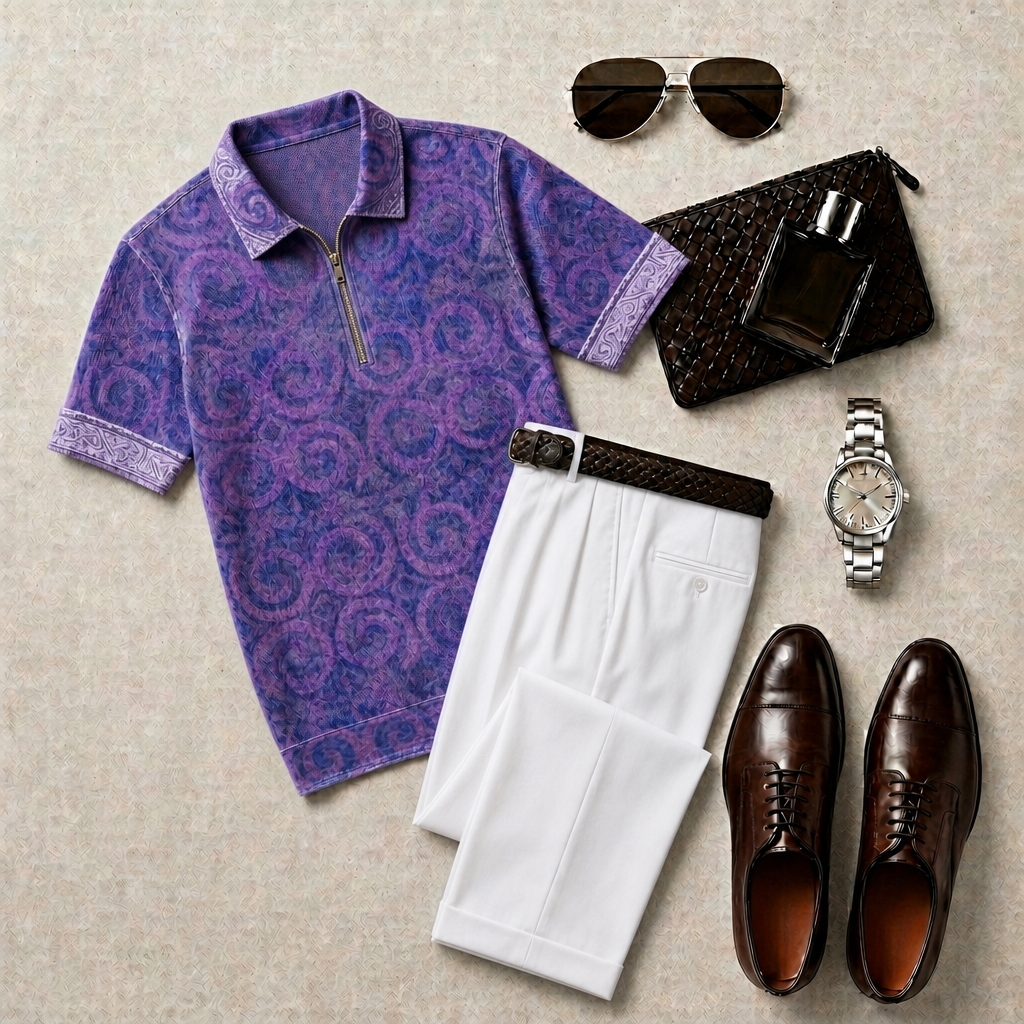 Pantalón casual With Purple estampado Polo Collar Zipper de manga corta and Set para hombre