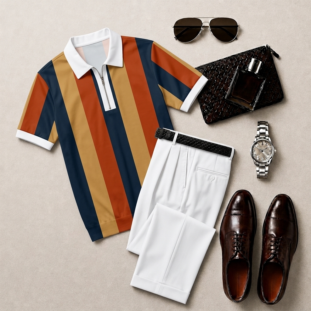 Pantalón casual With Vertical rayas splicing estampado Polo Collar Zipper de manga corta and Set para hombre
