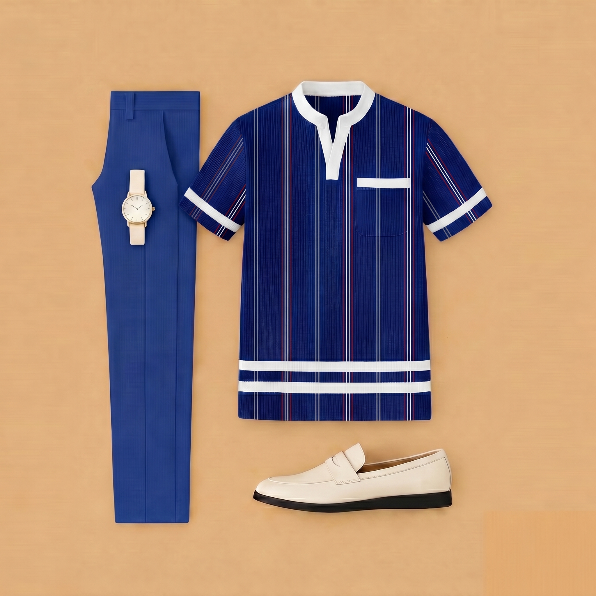 Conjunto de dos piezas casual Royal Blue Color Matching a rayas estampado de manga corta Henry Collar camiseta & Trousers para hombre