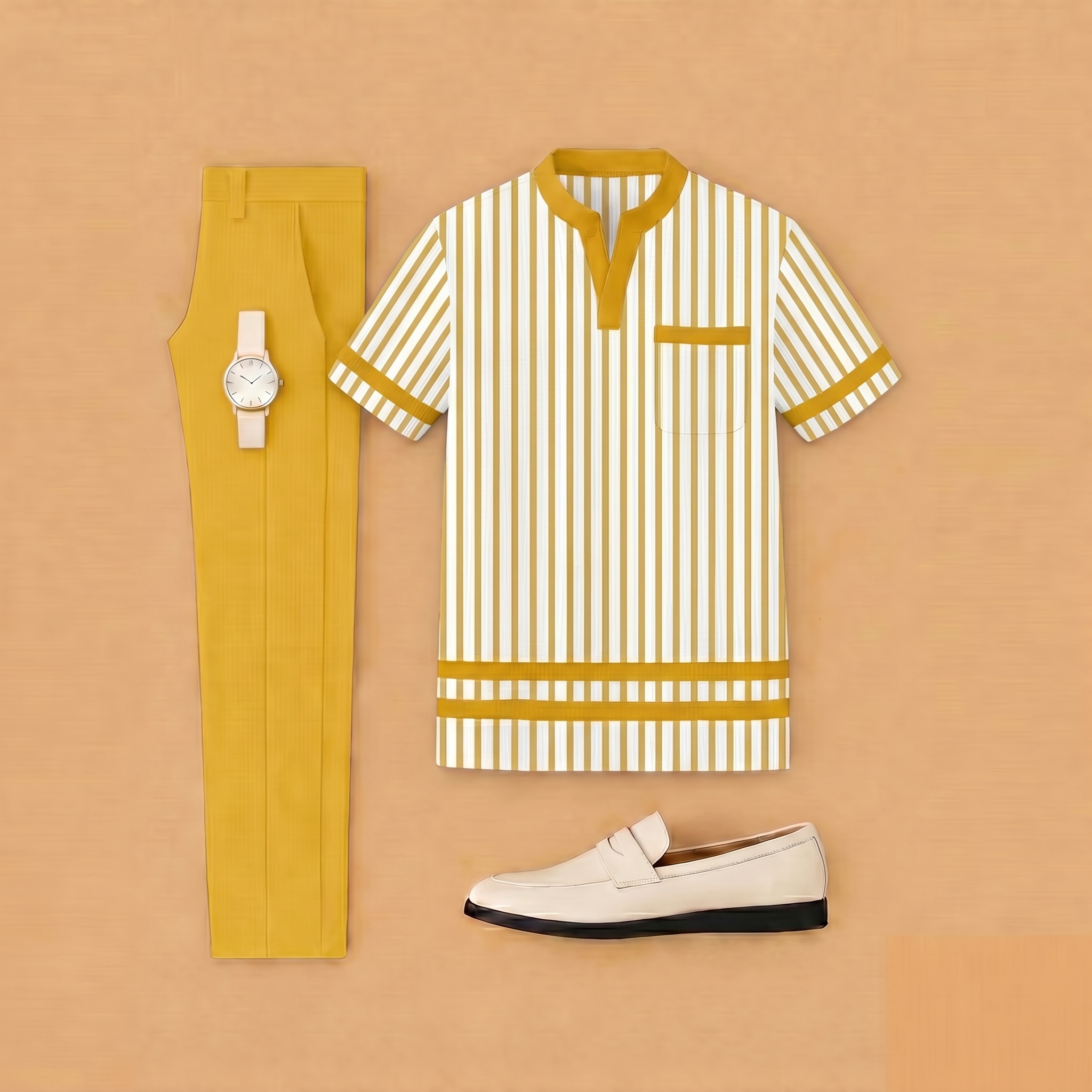 Conjunto de dos piezas casual Multi Yellow & White Color Matching a rayas estampado de manga corta Henry Collar camiseta & Trousers para hombre