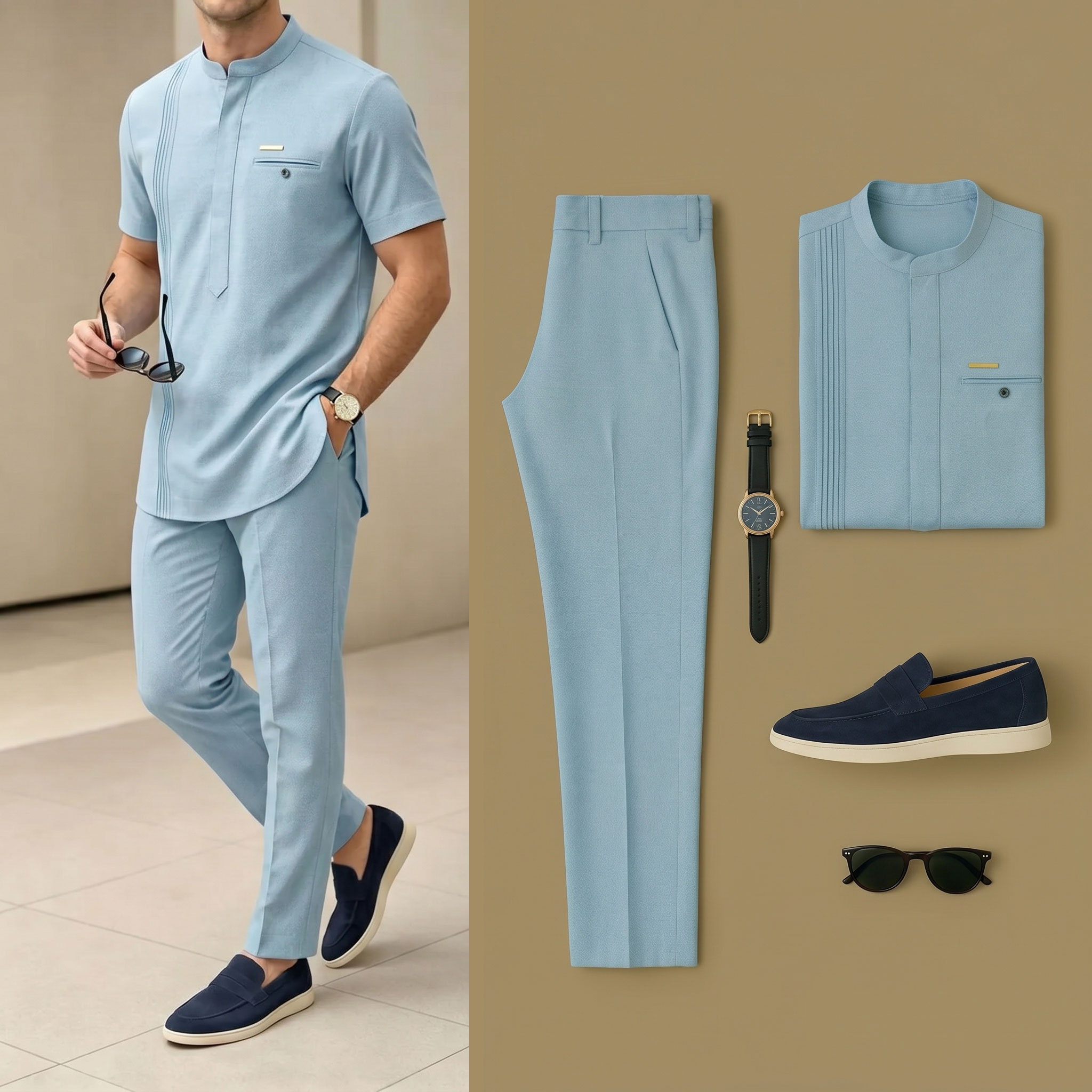 De lujo Resort Wear de lino Sky Blue Henry Collar de manga cortas Walking Suits para hombre