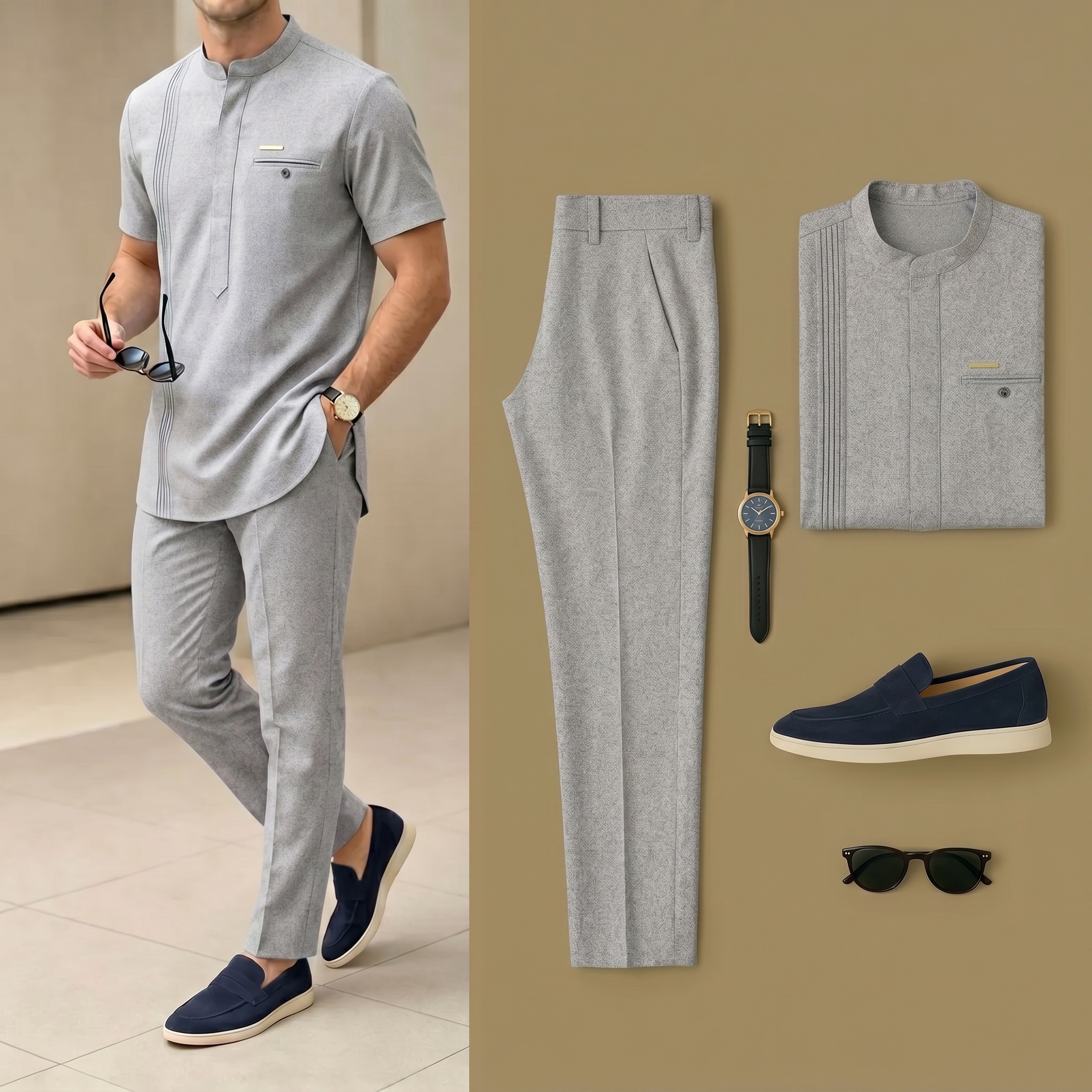 De lujo Resort Wear de lino Light Gray Henry Collar de manga cortas Walking Suits para hombre