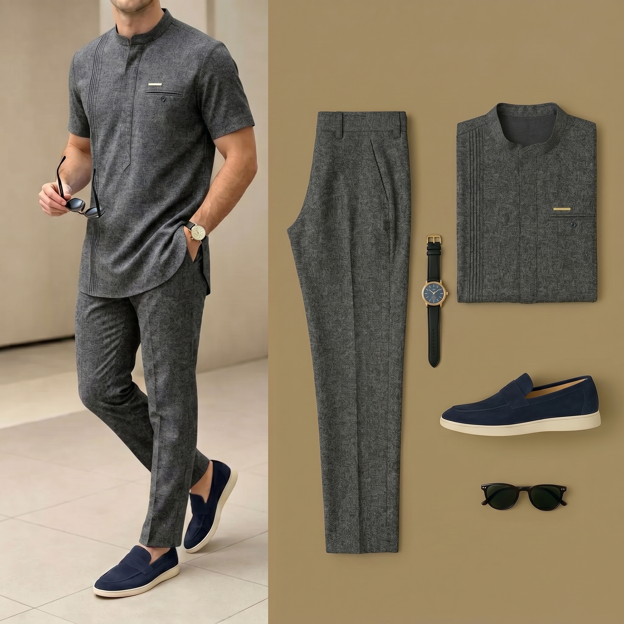 De lujo Resort Wear de lino Dark Gray Henry Collar de manga cortas Walking Suits para hombre