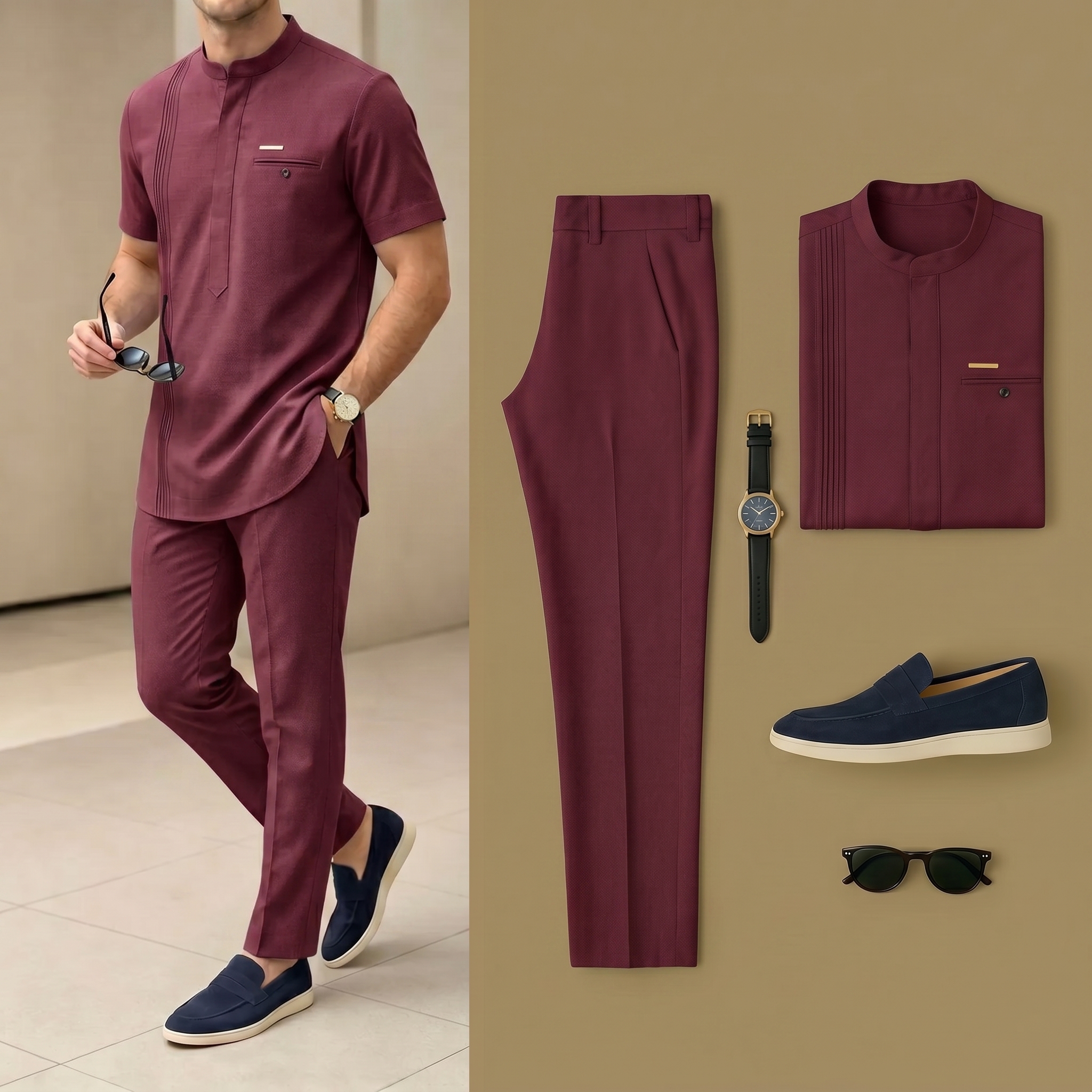 De lujo Resort Wear de lino Burgundy Henry Collar de manga cortas Walking Suits para hombre