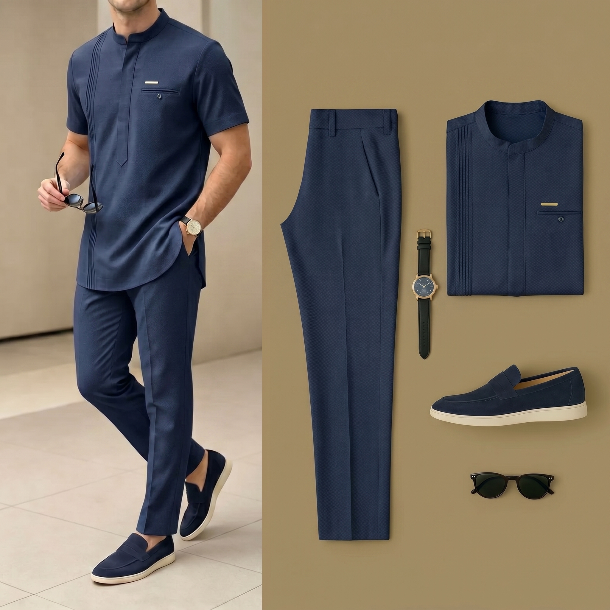 De lujo Resort Wear de lino Navy Blue Henry Collar de manga cortas Walking Suits para hombre