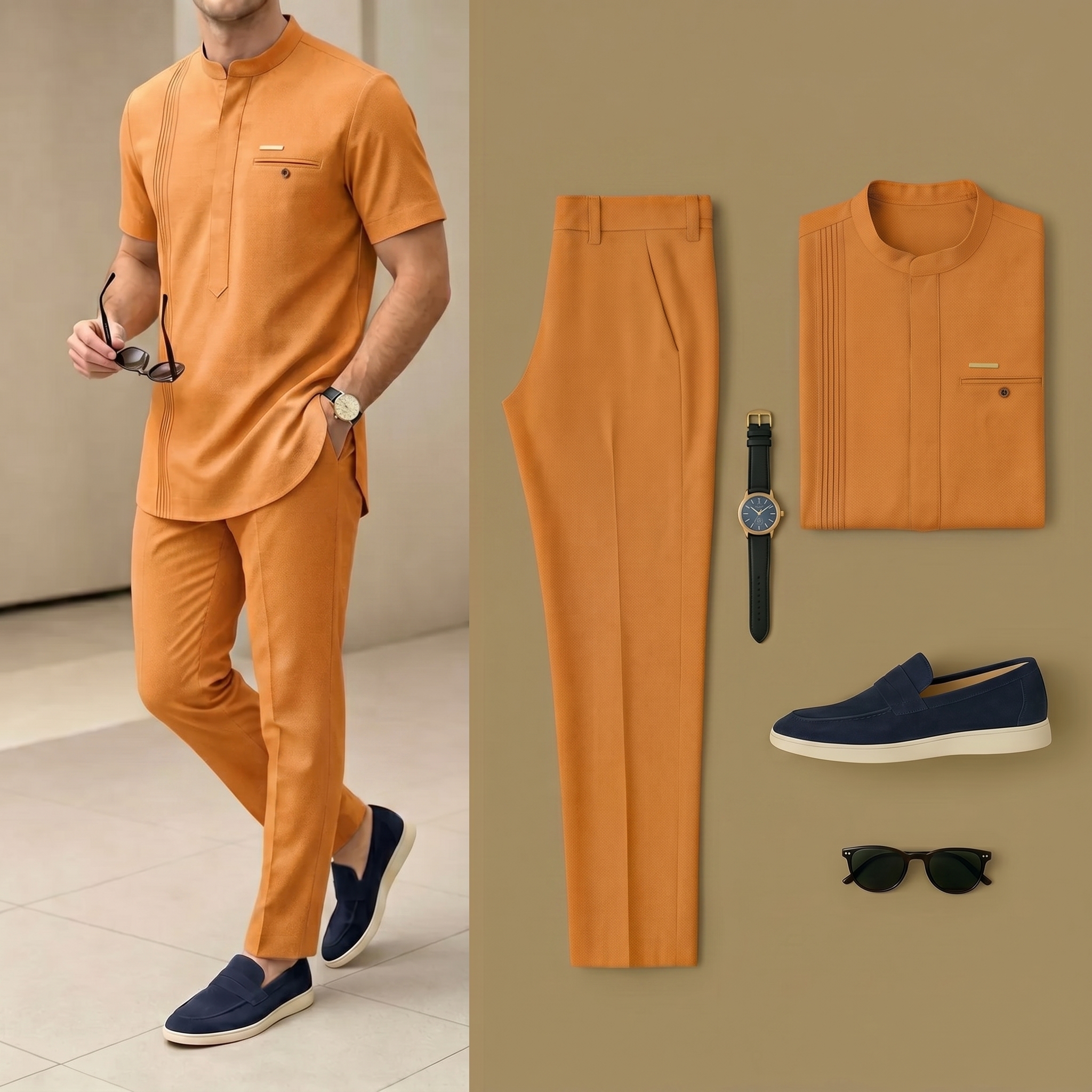 De lujo Resort Wear de lino OrangYellow Henry Collar de manga cortas Walking Suits para hombre