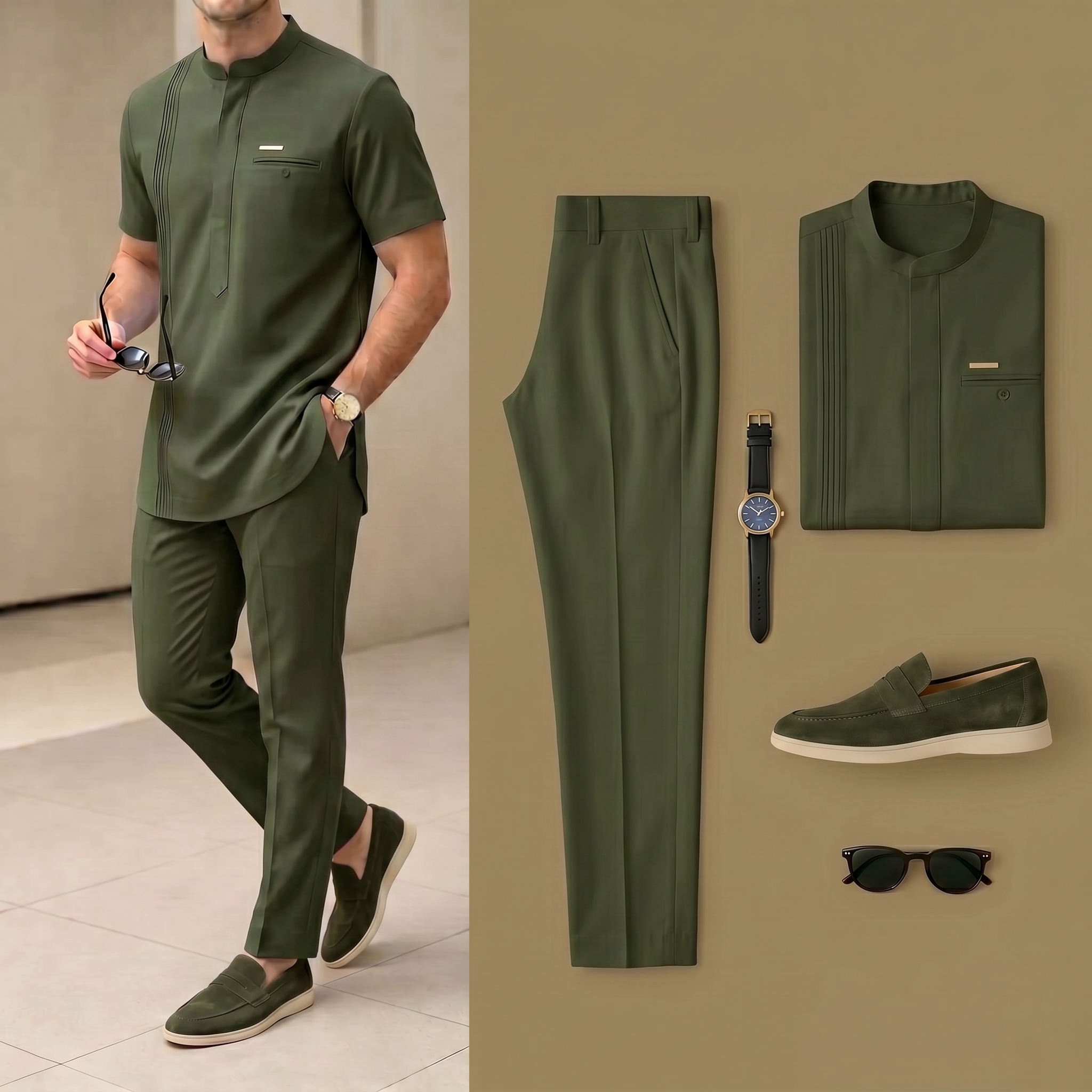 De lujo Resort Wear de lino Army Green Henry Collar de manga cortas Walking Suits para hombre
