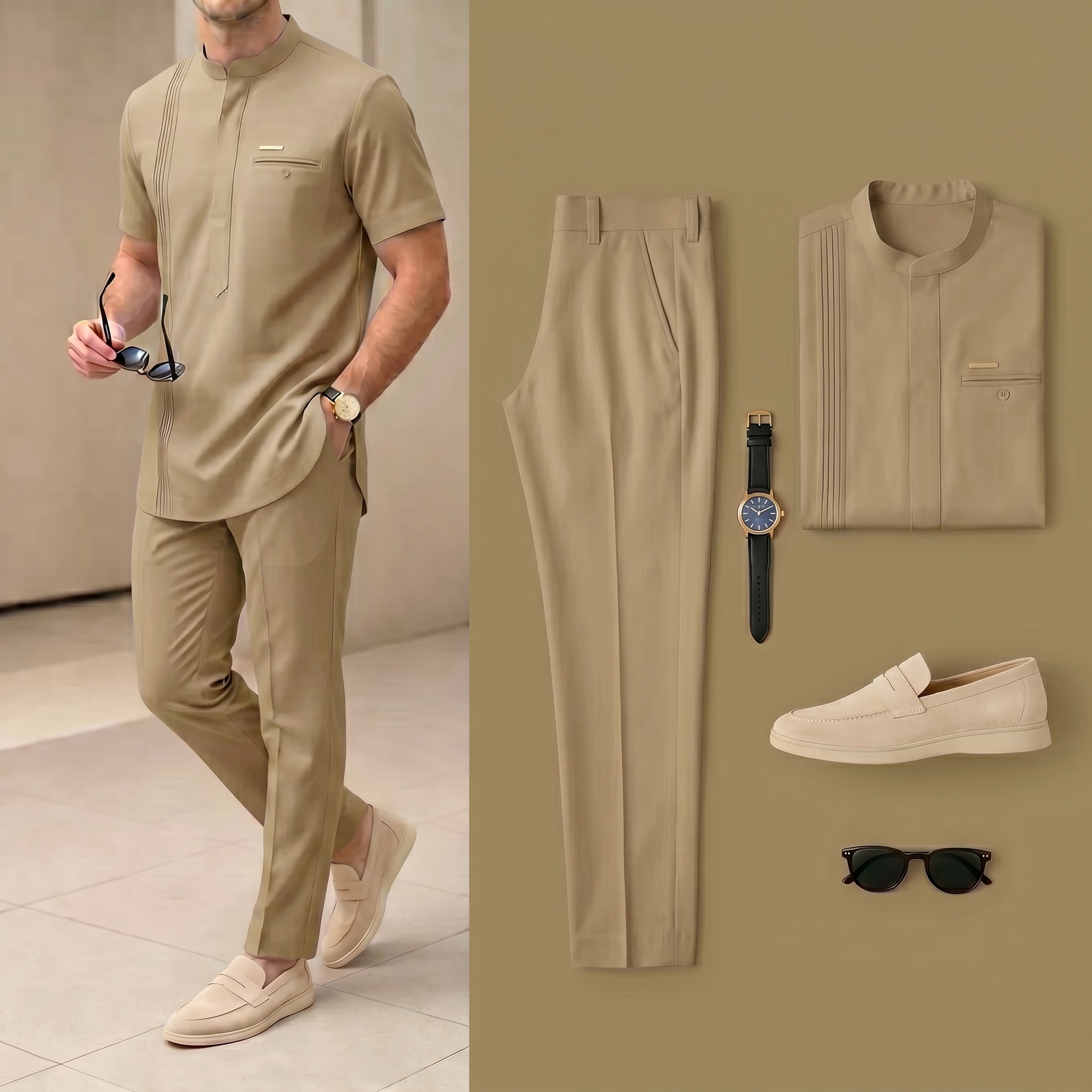 De lujo Resort Wear de lino Khaki Collor Henry Collar de manga cortas Walking Suits para hombre
