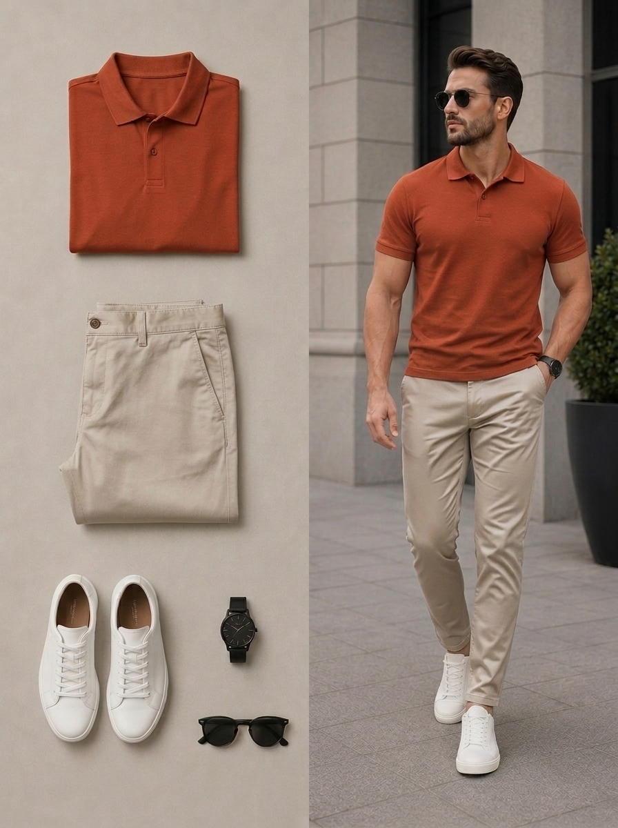 Conjunto de dos piezas casual Orange & Khaki Color Matching de manga cortas camisa polo & pantalón para hombre