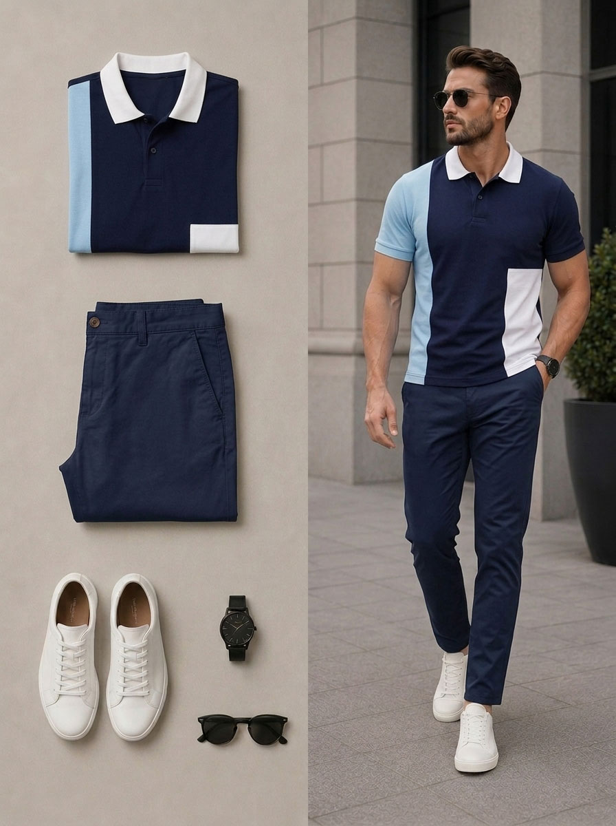 Conjunto de dos piezas casual Navy Blue Color Matching de manga cortas camisa polo & pantalón para hombre