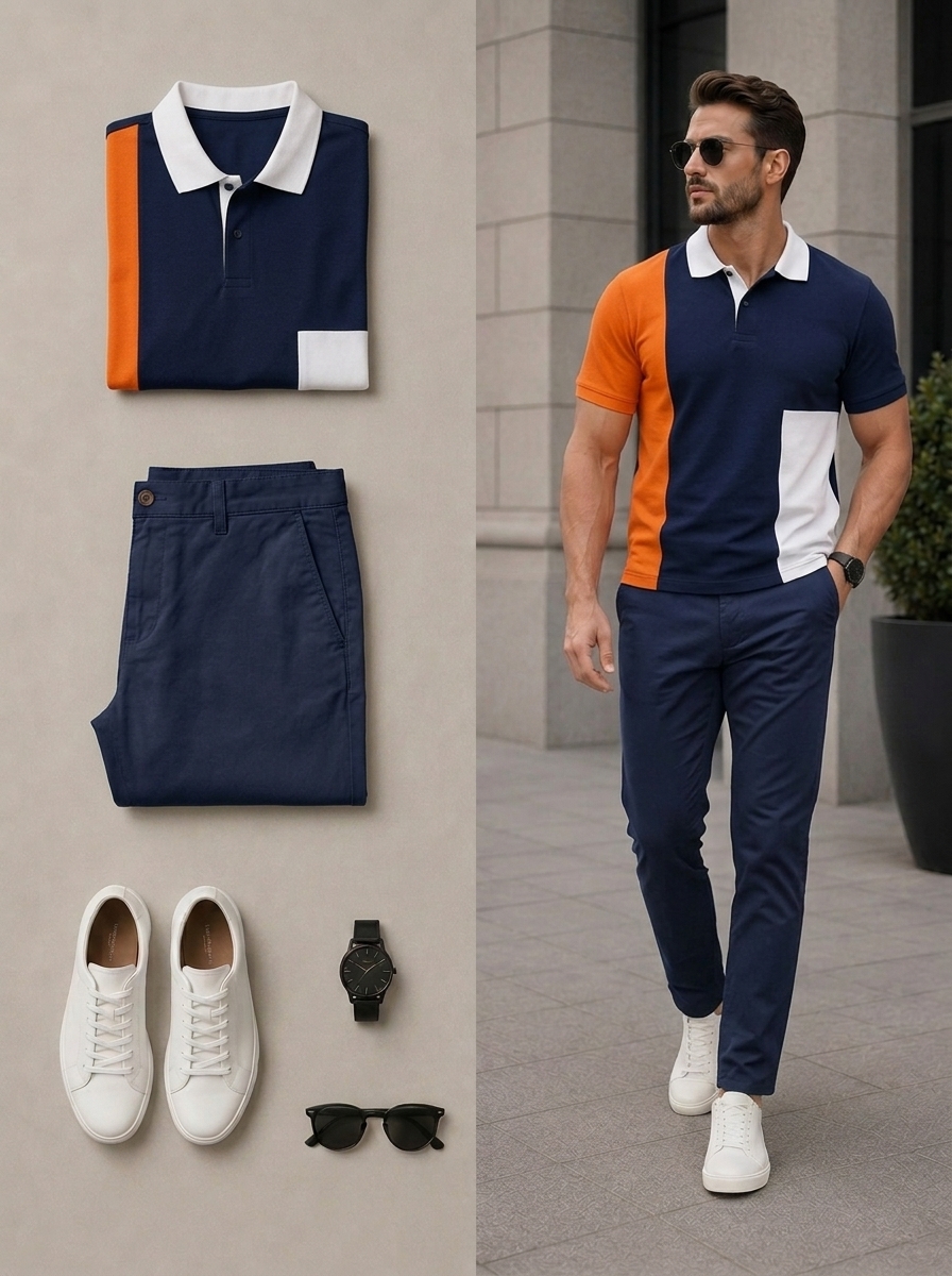 Conjunto de dos piezas casual Navy Blue Color Matching de manga cortas camisa polo & pantalón para hombre