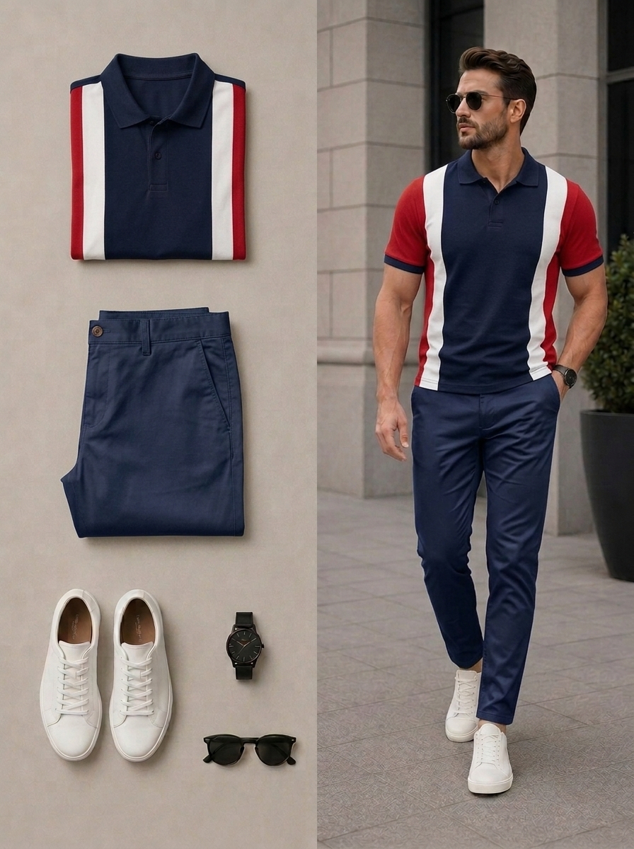 Conjunto de dos piezas casual Red & Navy Blue Color Matching de manga cortas camisa polo & pantalón para hombre