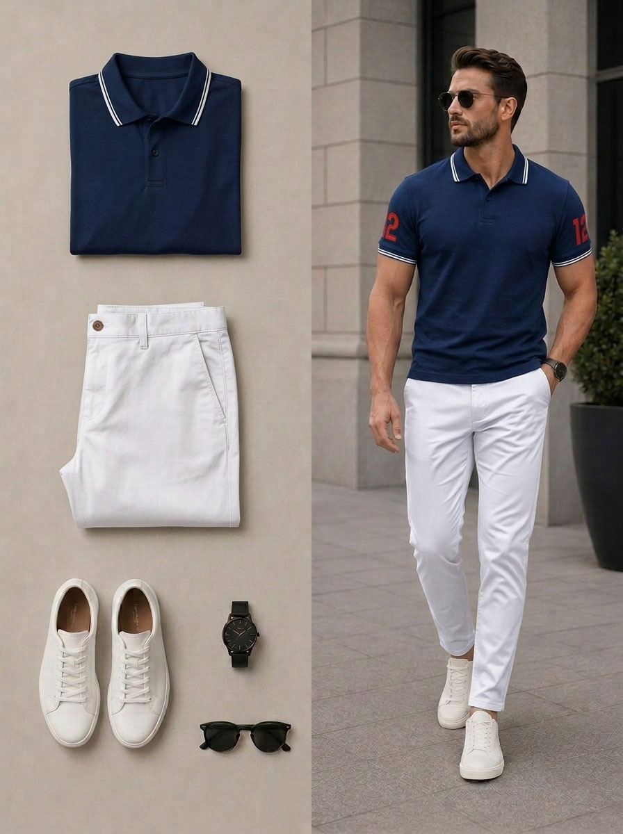 Conjunto de dos piezas casual Navy Blue White Color Matching de manga cortas camisa polo & pantalón para hombre