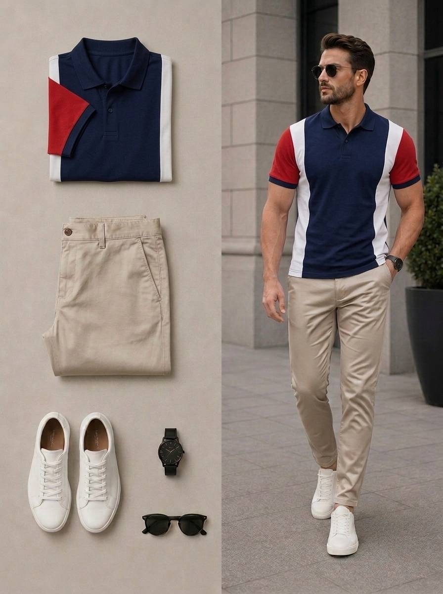 Conjunto de dos piezas casual Navy Blue & Beige Color Matching de manga cortas camisa polo & pantalón para hombre