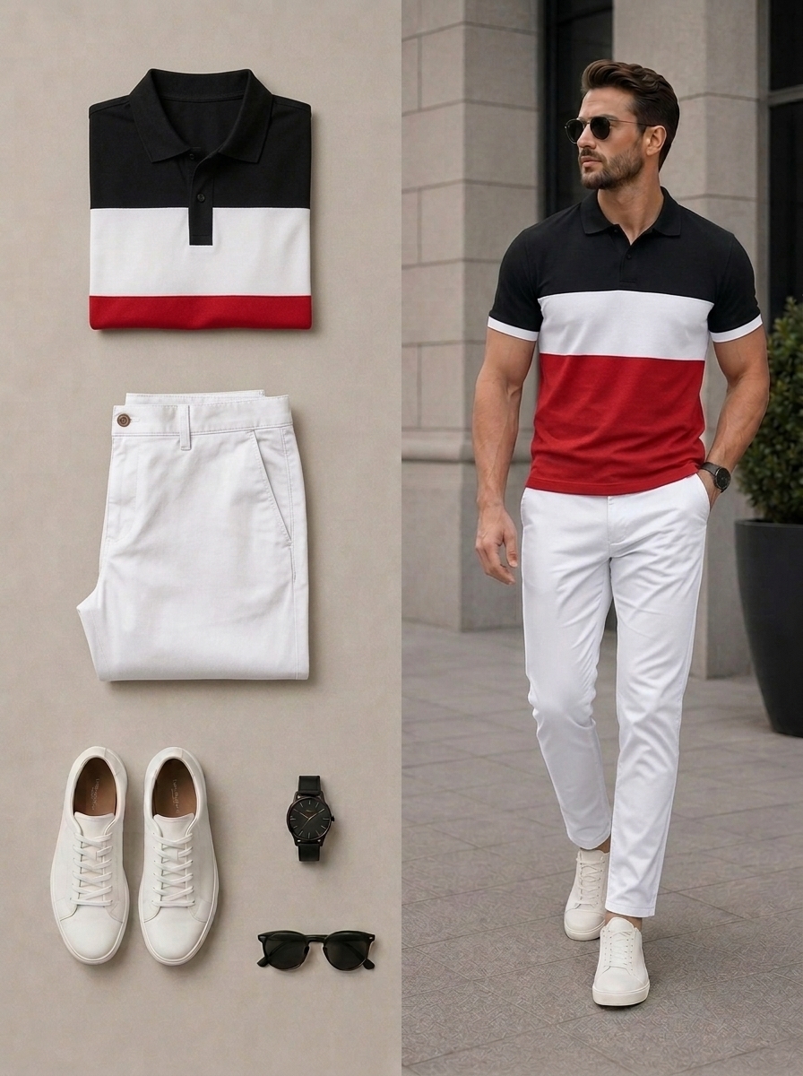Conjunto de dos piezas casual Black & Red & White Color Matching de manga cortas camisa polo & pantalón para hombre