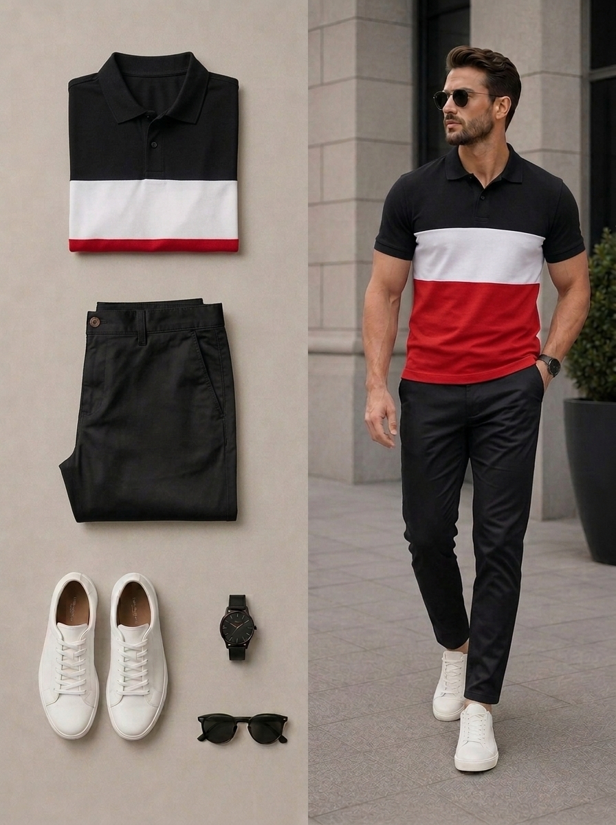 Conjunto de dos piezas casual Black & Red & White Color Matching de manga cortas camisa polo & pantalón para hombre