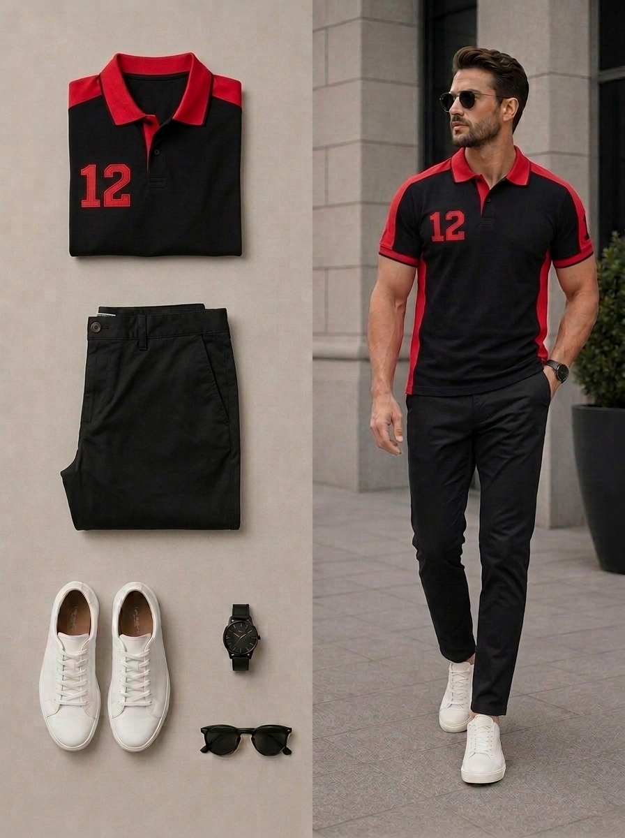 Conjunto de dos piezas casual Black & Red Color Matching de manga cortas camisa polo & pantalón para hombre
