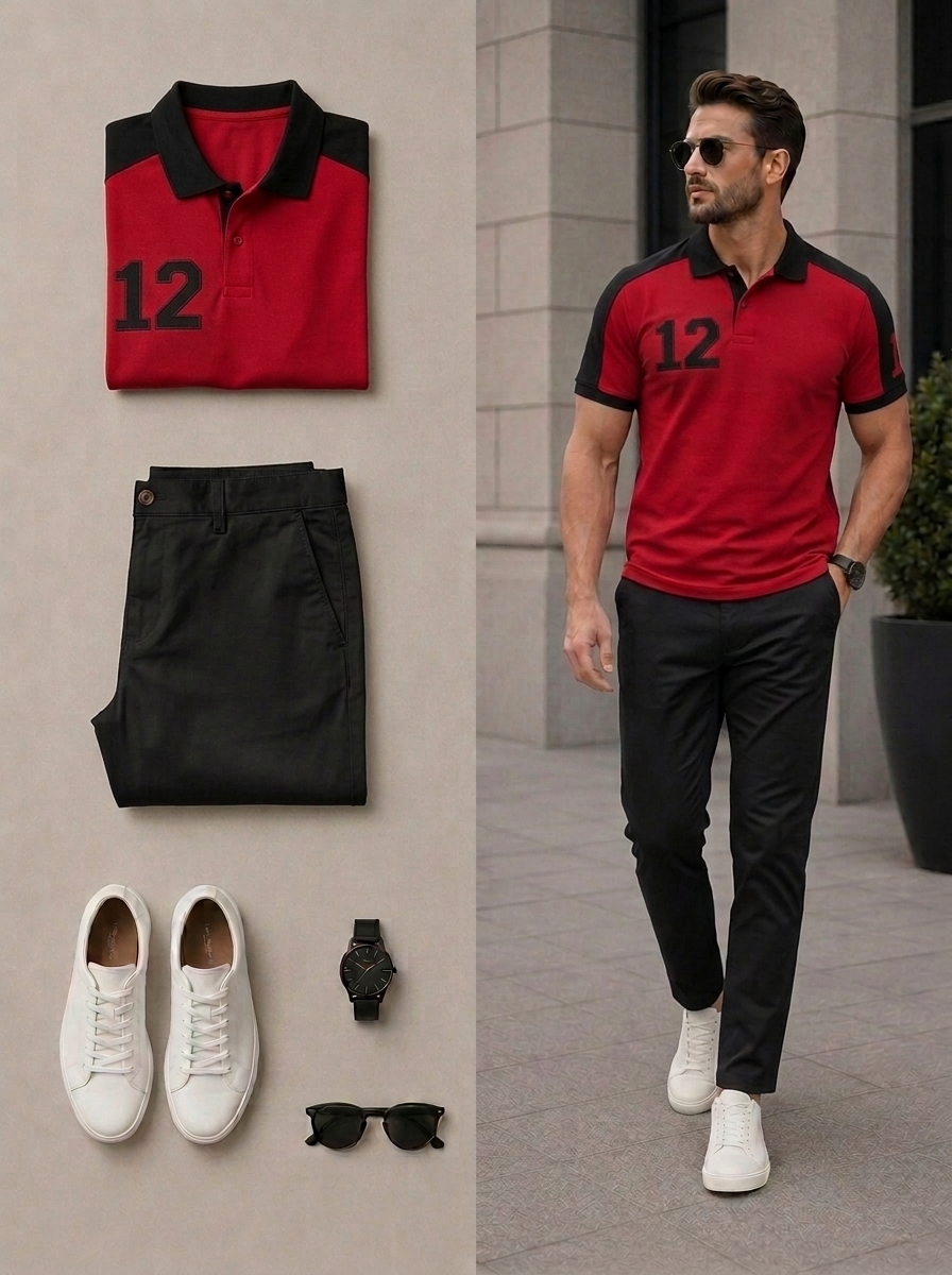 Conjunto de dos piezas casual Black & Red Color Matching de manga cortas camisa polo & pantalón para hombre