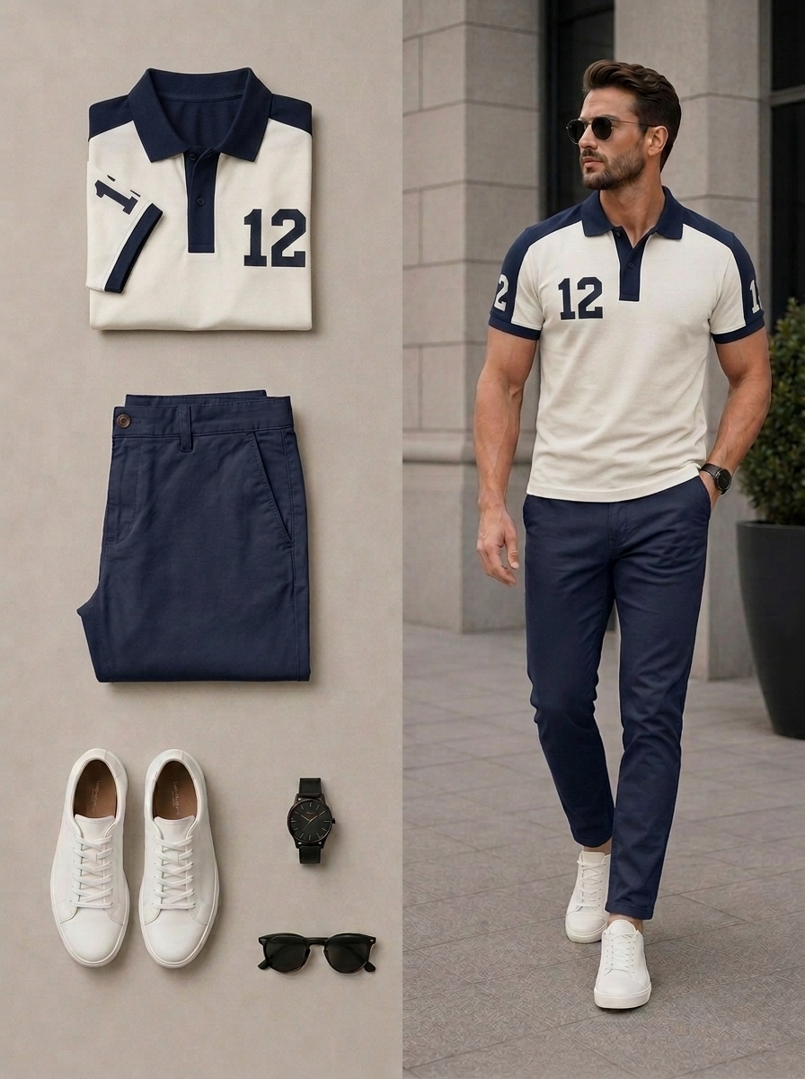 Conjunto de dos piezas casual Black & White Color Matching de manga cortas camisa polo & pantalón para hombre