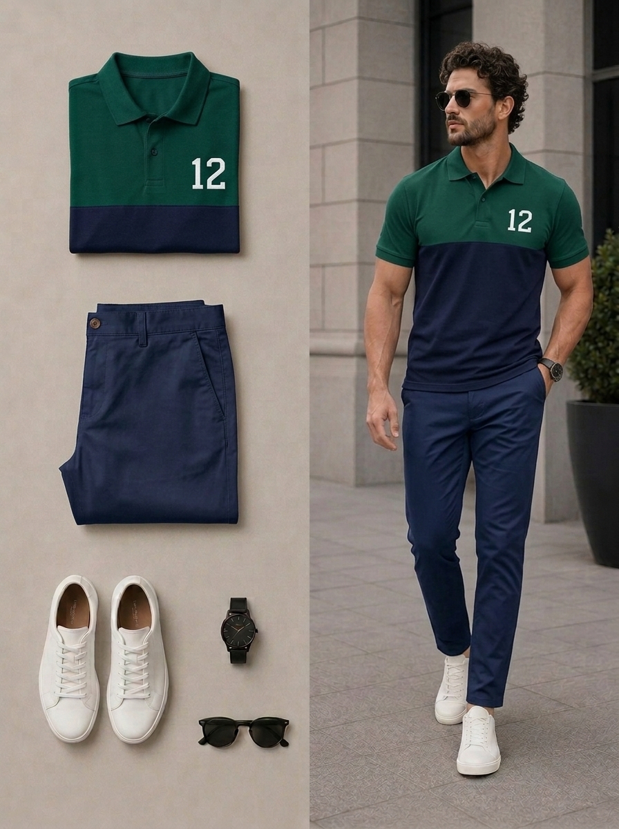 Conjunto de dos piezas casual Green & Navy Blue Color Matching de manga cortas camisa polo & pantalón para hombre