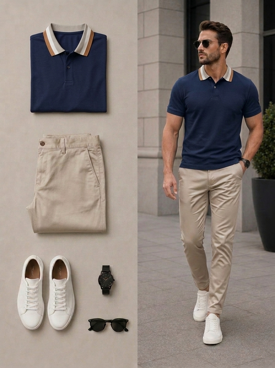 Conjunto de dos piezas casual Navy Blue & Khaki Color Matching de manga cortas camisa polo & pantalón para hombre