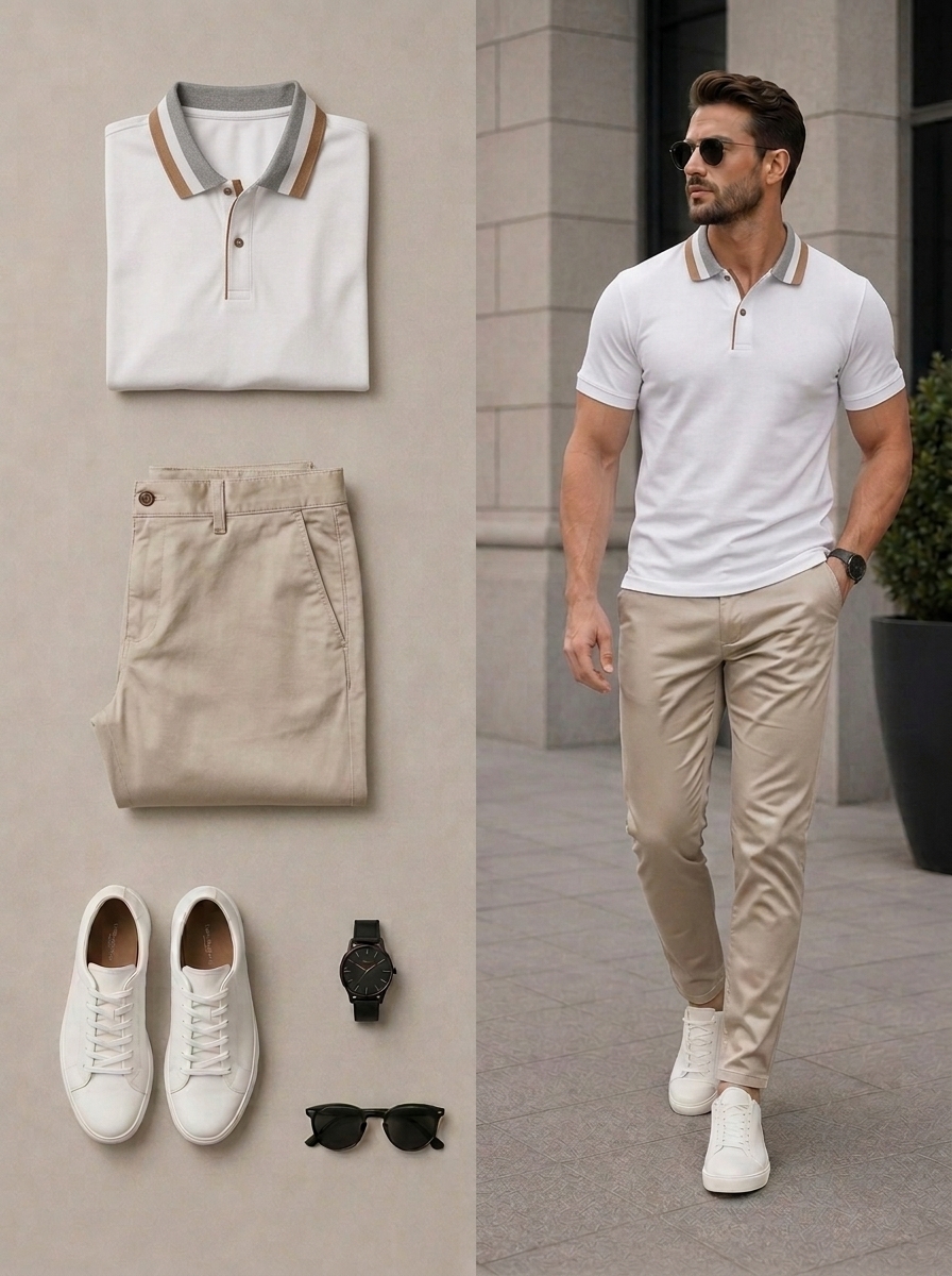 Conjunto de dos piezas casual Navy Blue & Khaki Color Matching de manga cortas camisa polo & pantalón para hombre