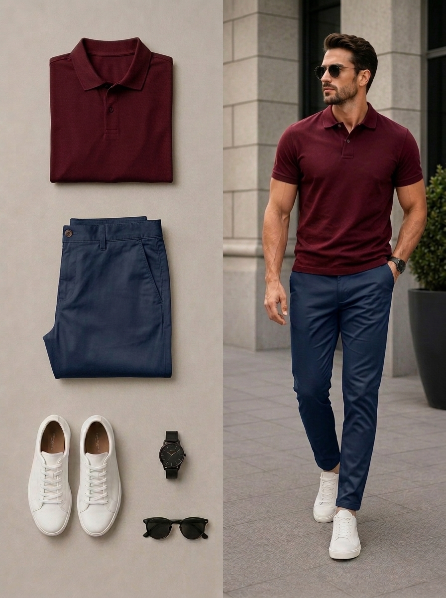 Conjunto de dos piezas casual Burgundy & Navy Color Matching de manga cortas camisa polo & pantalón para hombre
