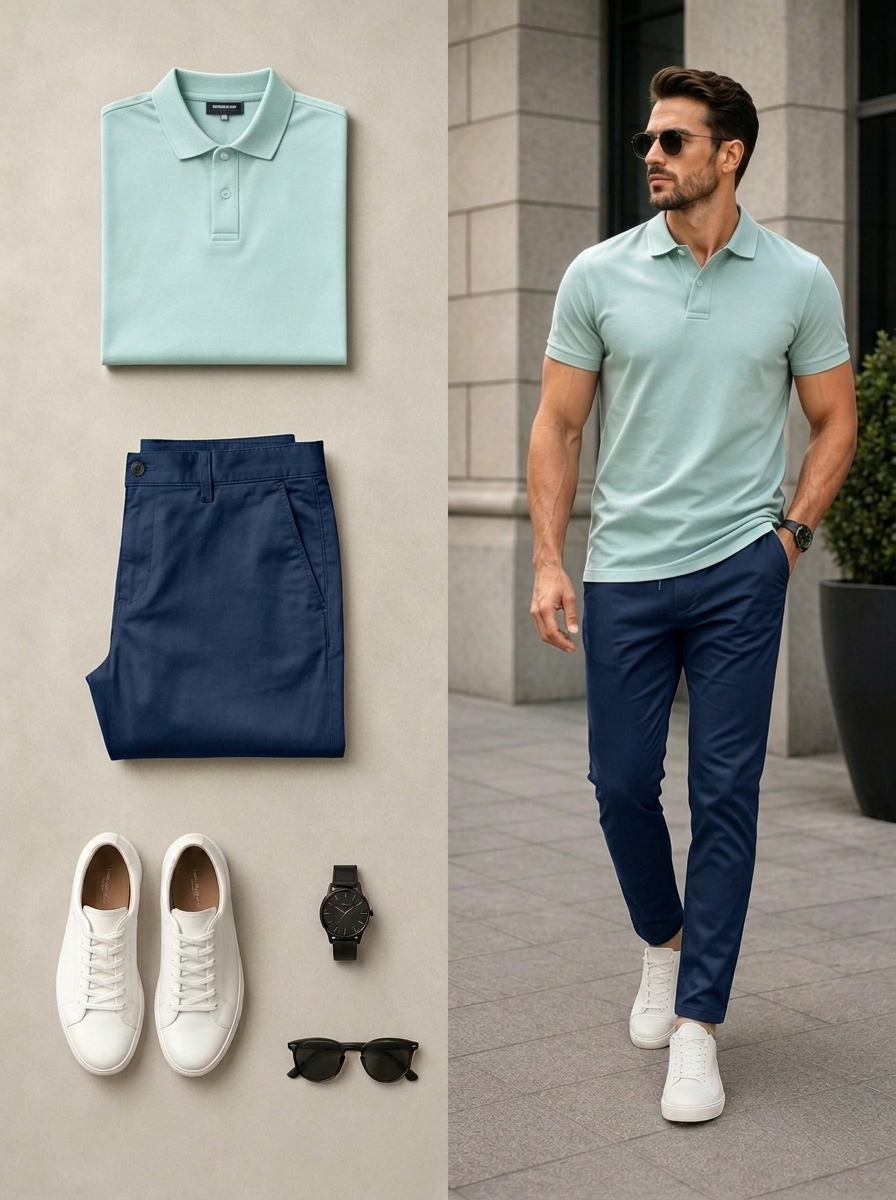 Conjunto de dos piezas casual Light Green & Navy Color Matching de manga cortas camisa polo & pantalón para hombre