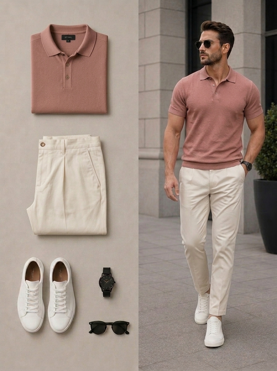 Conjunto de dos piezas casual Light Pink & Beige Color Matching de manga cortas camisa polo & pantalón para hombre